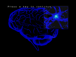 Monochrome (blue on black) screenshot of a brain with insert of a single neuron with its nucleus lit up like a spark
